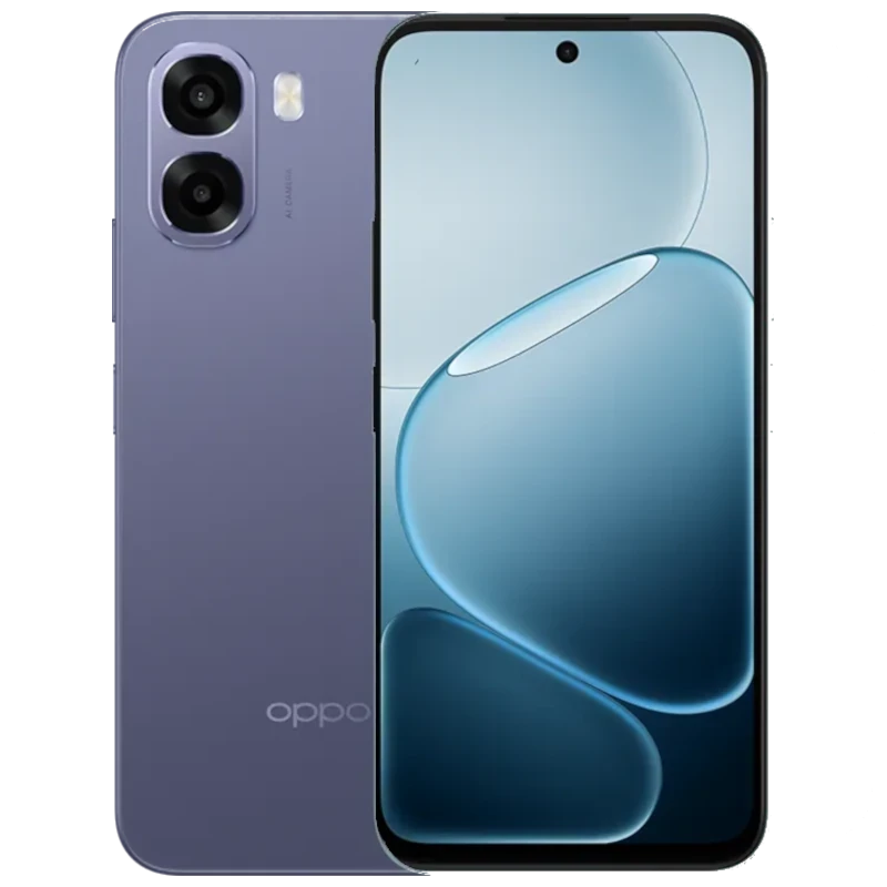 Oppo A6X 128GB negro lila con pantalla de 6.75 pulgadas, doble cámara trasera con flash, cámara frontal centrada en orificio y acabado mate elegante