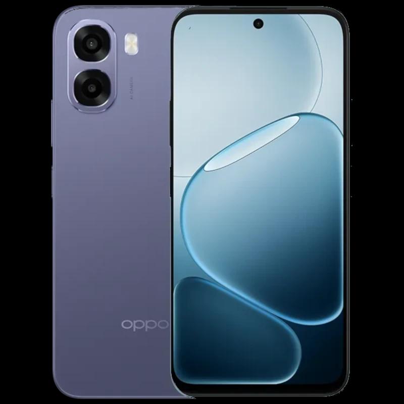 Oppo A6X preto lilás com traseira fosca, módulo duplo de câmaras e flash. Ecrã 6,75 polegadas com furo central, bordas finas e design elegante.