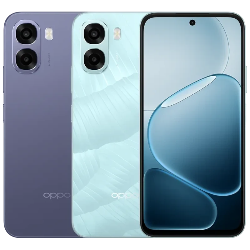 Oppo A6X 128 GB preto lilás com ecrã 6,75 pol, câmara dupla traseira, furo central no ecrã, 4 GB RAM e bateria 6100 mAh. Design elegante e moderno.
