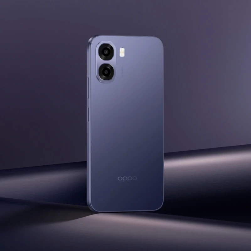 Oppo A6X Preto Lilás com traseira fosca elegante, módulo duplo de câmeras salientes e flash; design fino e minimalista, logo Oppo discreto