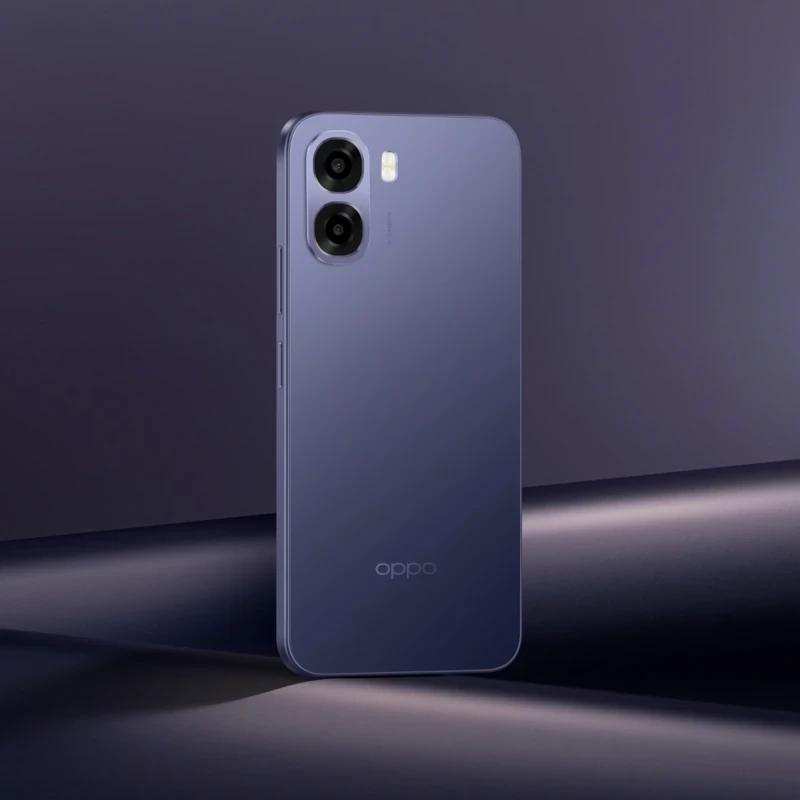 Oppo A6X Preto Lilás com traseira fosca elegante, módulo duplo de câmeras salientes e flash; design fino e minimalista, logo Oppo discreto