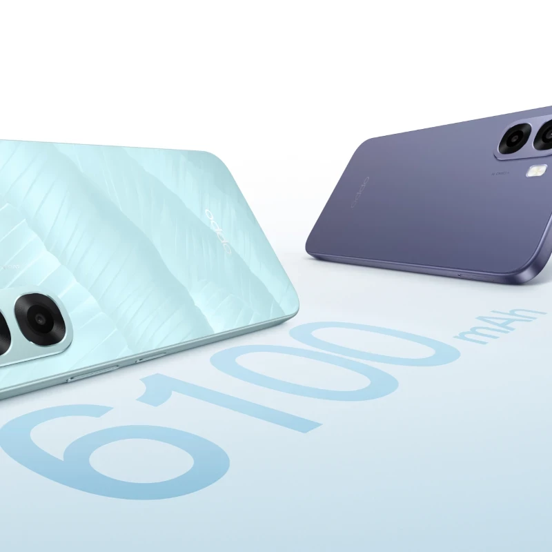 Oppo A6X 128 GB Preto Lilás com ecrã 6,75 pol, traseira texturizada, módulo duplo de câmaras e destaque para bateria 6100 mAh em tipografia grande