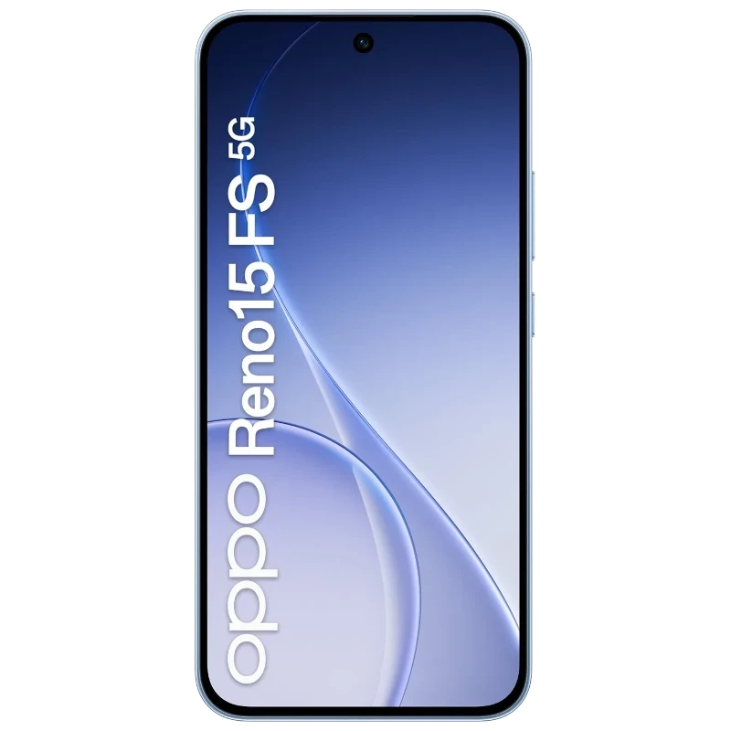 Oppo Reno15 FS 5G en color Aurora Azul con pantalla completa de bordes finos, cámara frontal centrada tipo punch hole y diseño elegante minimalista