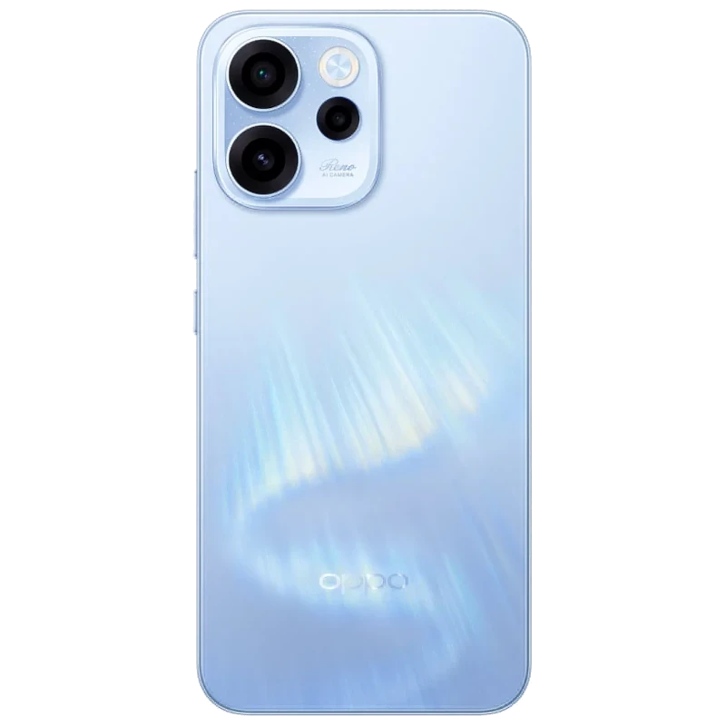 Oppo Reno15 FS 5G en Aurora Azul con acabado iridiscente, módulo triple de cámaras traseras y bordes curvos; diseño elegante y brillante