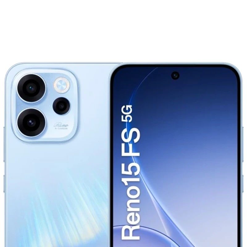 Oppo Reno15 FS 5G en Aurora Azul con módulo triple de cámara trasera y flash en estrella, pantalla perforada sin bordes y acabado brillante de reflejos