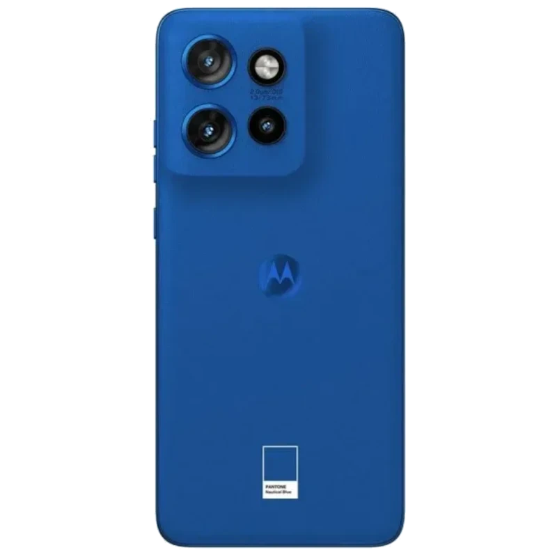 Motorola Moto Edge 50 Neo 5G azul náutico, trasera mate con módulo de triple cámara prominente y logo M centrado. Lente principal 50 MP, diseño IP68
