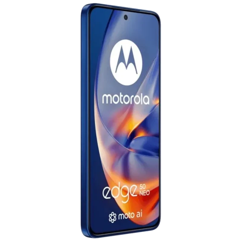 Motorola Moto Edge 50 Neo 5G azul náutico con pantalla curva casi sin bordes, cámara frontal en orificio central y cuerpo delgado elegante