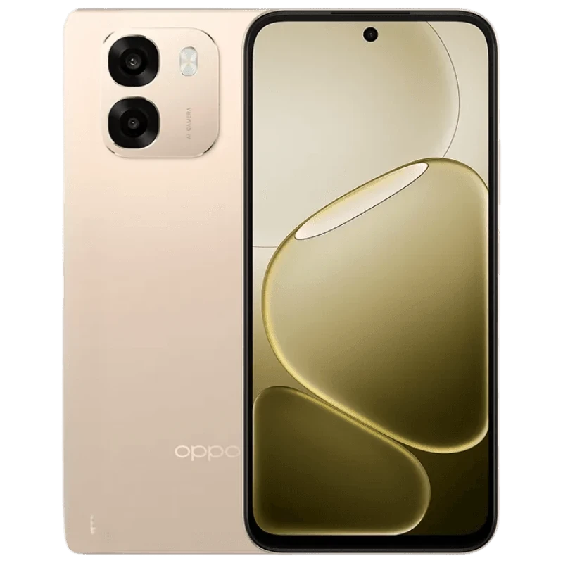 Oppo A6 Aurora Dorado con trasera dorada mate, módulo dual de cámara 50 MP, pantalla frontal completa con agujero central, bordes rectos y acabado elegante