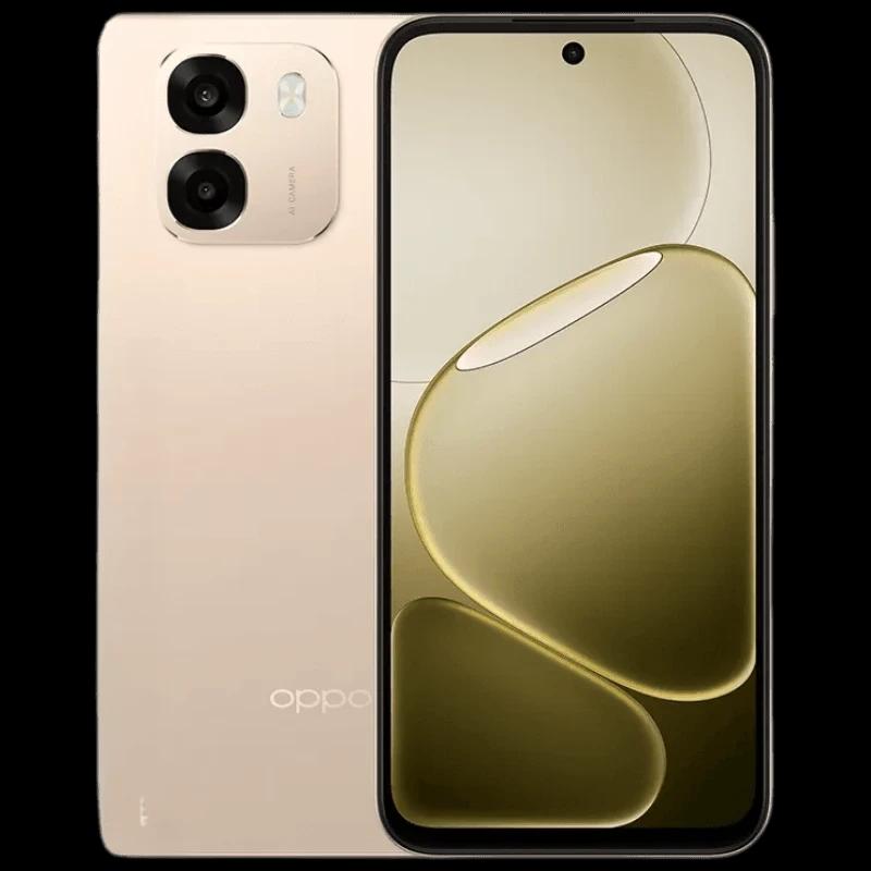 Oppo A6 256 GB Aurora Dourado com traseira dourada fosca, módulo de câmera dupla 50 MP elevado e tela full frontal com furo central discreto