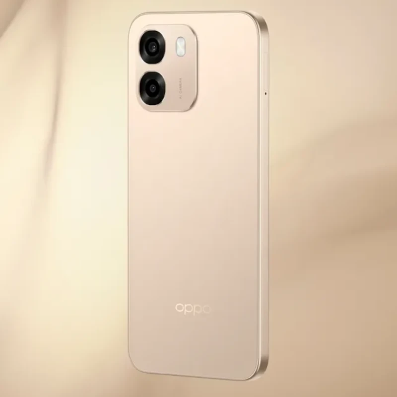 Oppo A6 Aurora Dourado com traseira matte dourada, cantos retos, módulo duplo de câmeras saliente e flash; design fino e elegante, acabamento premium