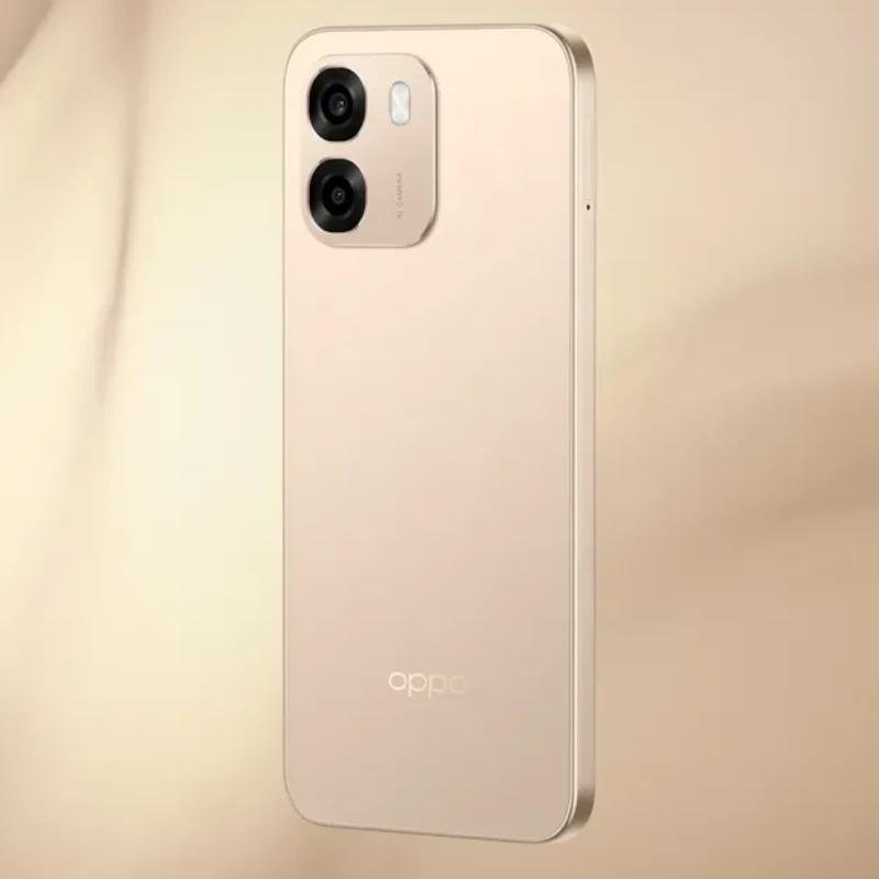 Oppo A6 Aurora Dourado com traseira matte dourada, cantos retos, módulo duplo de câmeras saliente e flash; design fino e elegante, acabamento premium