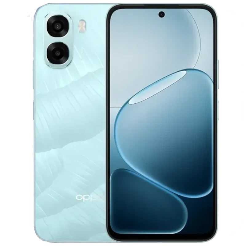 Oppo A6X 128GB Azul Hielo con pantalla completa perforada, doble cámara trasera vertical y acabado texturizado brillante; diseño delgado y moderno