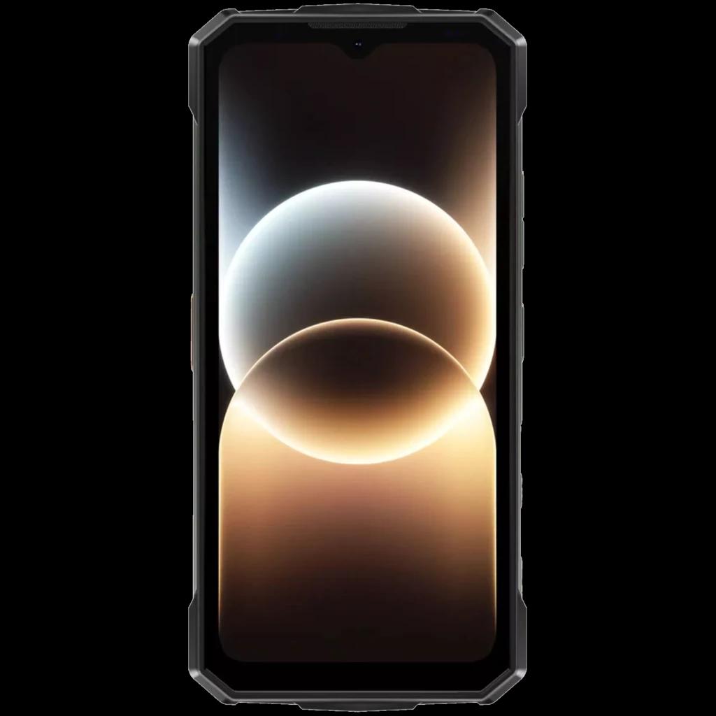Doogee Fire 7 Ultra oro con pantalla 6.6 pulgadas, bordes robustos y diseño frontal con notch tipo gota y gráficos circulares luminosos en la pantalla