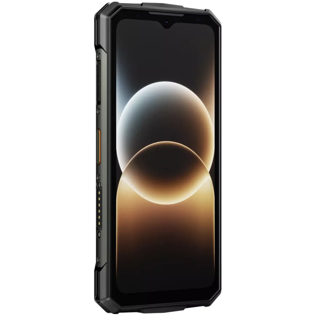 Doogee Fire 7 Ultra Oro con pantalla 6.6 pulgadas, bordes reforzados, marco robusto negro y botón lateral; diseño elegante con biseles delgados