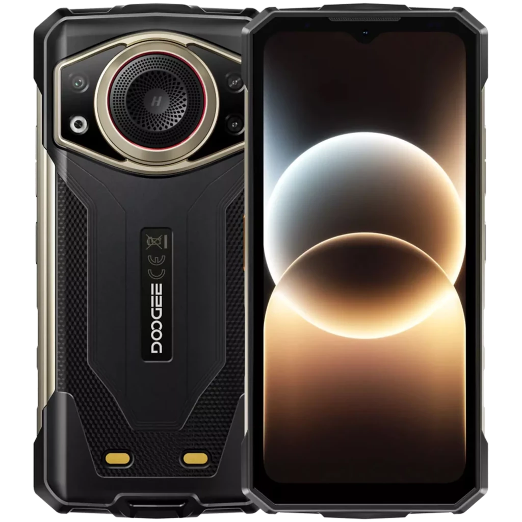 Doogee Fire 7 Ultra 256GB oro con diseño rugerizado, pantalla 6.6, módulo de cámara trasera destacado, doble altavoz frontal y acabado negro con detalles