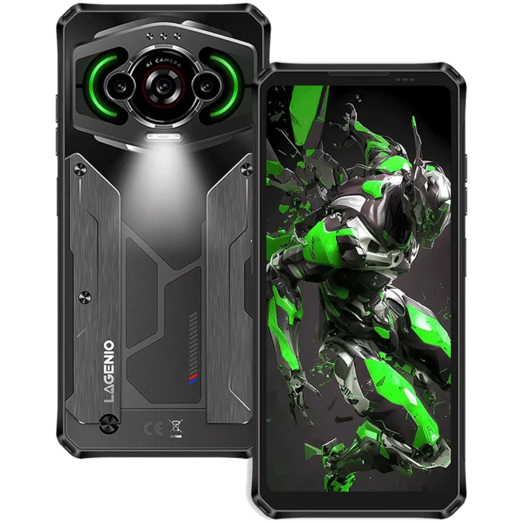 Lagenio Panther 1 negro robusto, 128GB, 4GB RAM; cuerpo resistente con cámara trasera triple con aro verde y linterna LED; pantalla con diseño futurista verde