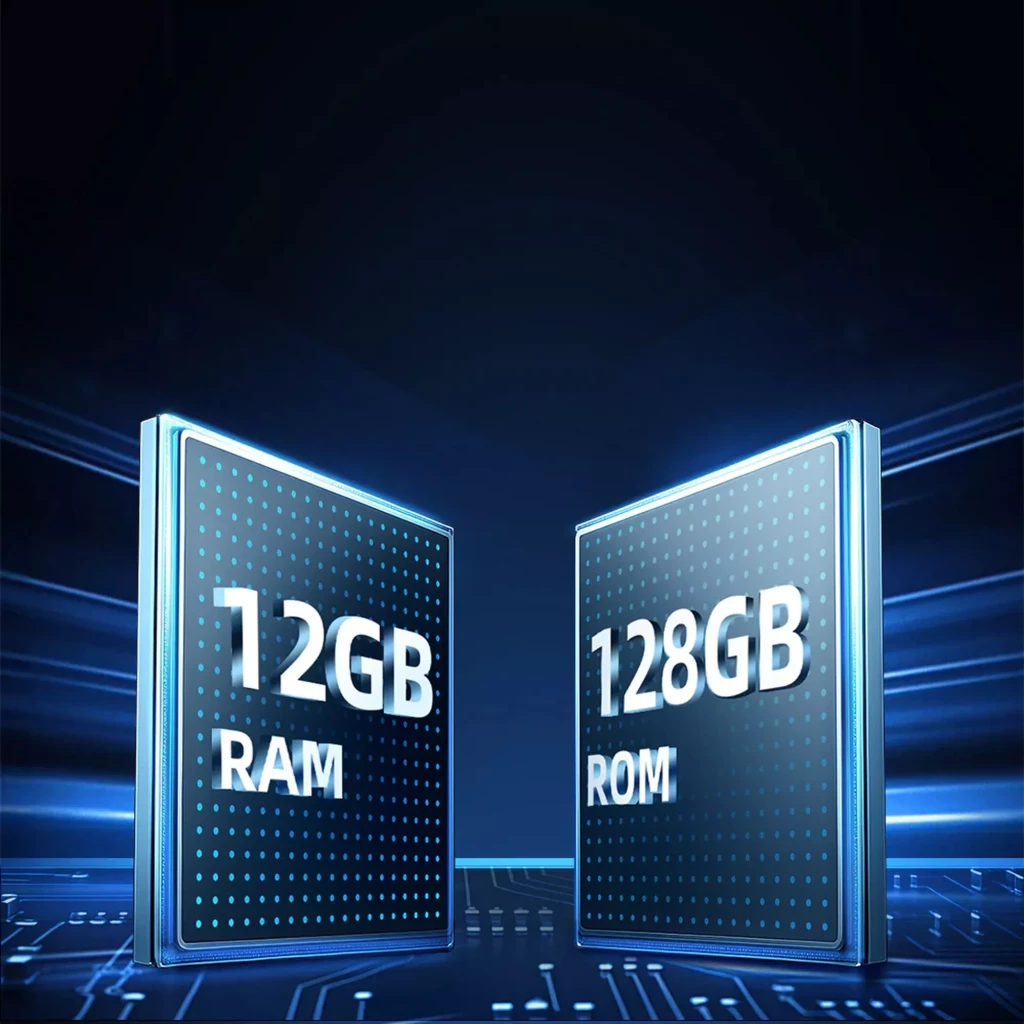 Módulos estilo chip con textos 12GB RAM y 128GB ROM sobre fondo tecnológico azul, resaltando capacidad y velocidad del componente de memoria