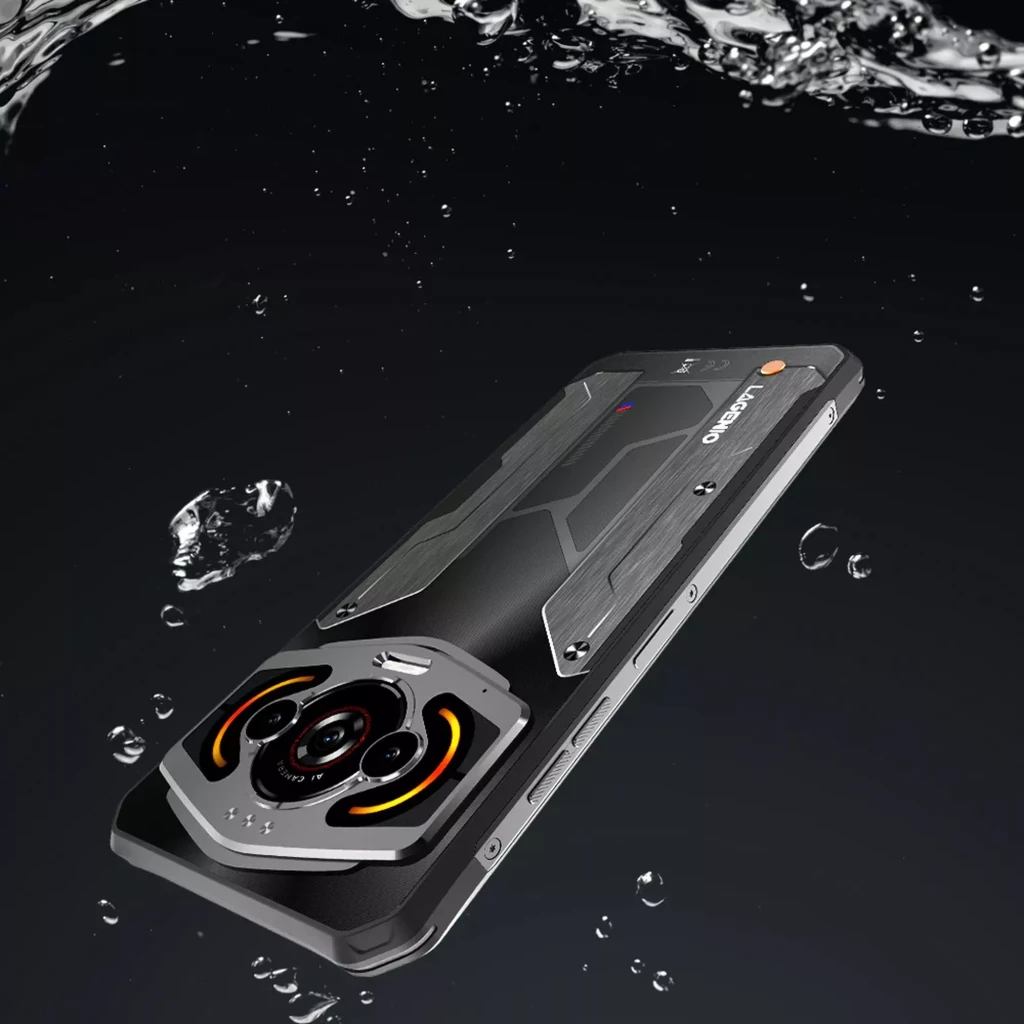 Lagenio Panther 1 Negro rugged con marco reforzado, pantalla frontal encendida con patrón tipo lava, 128GB, 4GB RAM y batería de 5150 mAh