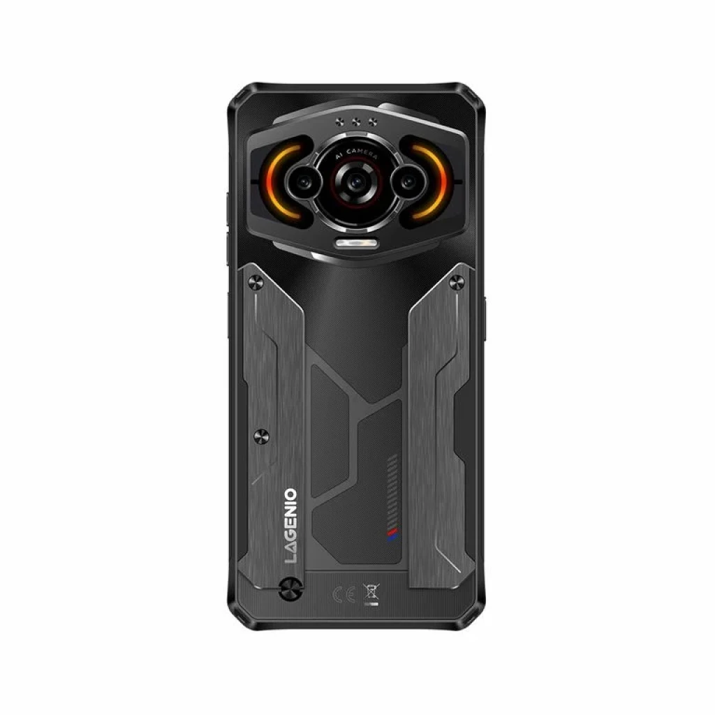Lagenio Panther 1 Negro muestra batería 5150 mAh destacada y módulo de cámara triple con anillo naranja, diseño robusto y detalles metálicos, 128GB y 4GB