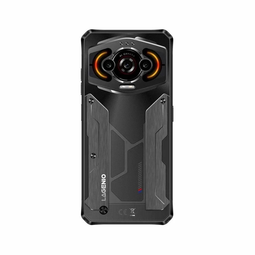 Lagenio Panther 1 Negro muestra batería 5150 mAh destacada y módulo de cámara triple con anillo naranja, diseño robusto y detalles metálicos, 128GB y 4GB