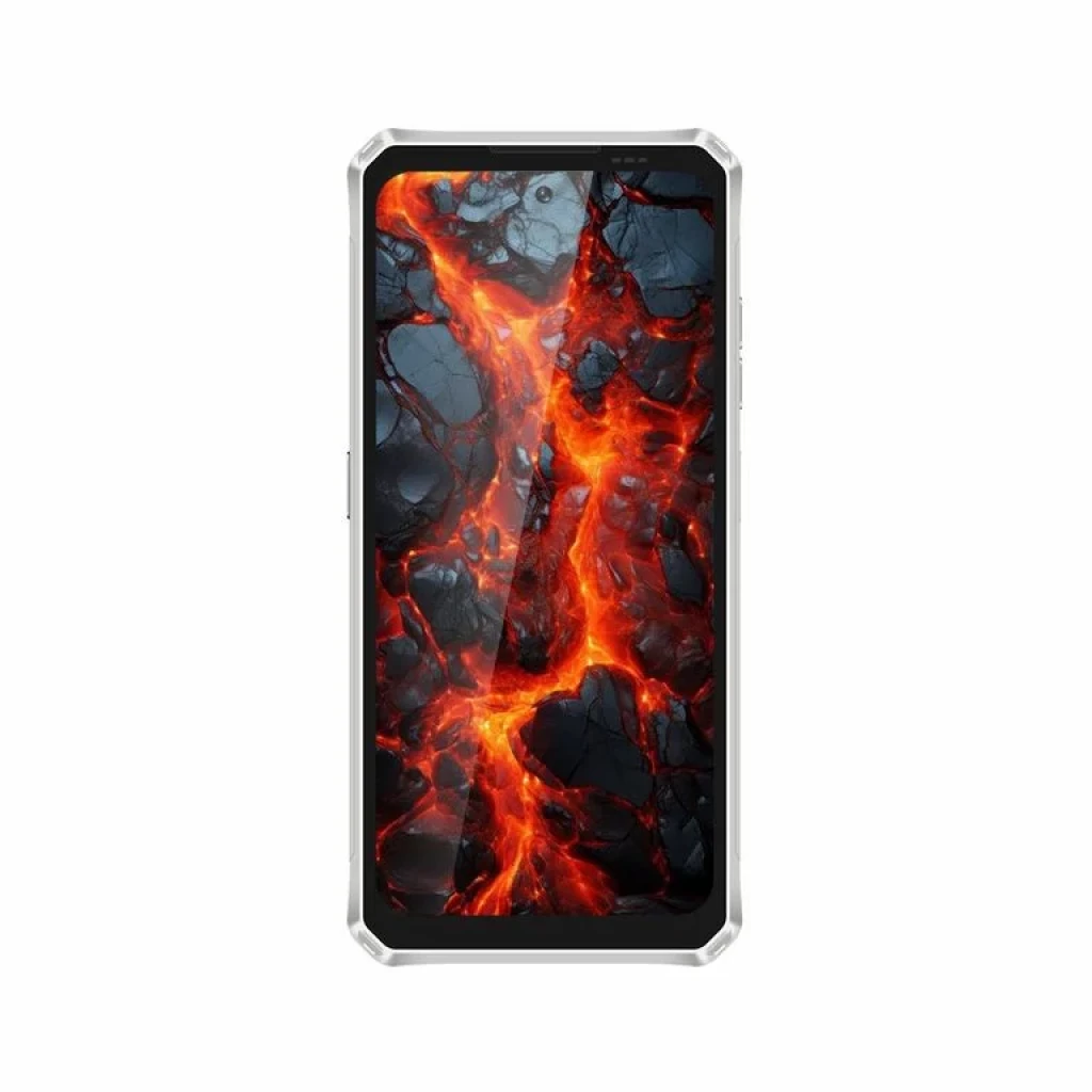 Lagenio Panther 1 argent avec grand écran 6,7 pouces bordures robustes, affichage lumineux style lave en fusion, design métallique anguleux élégante face