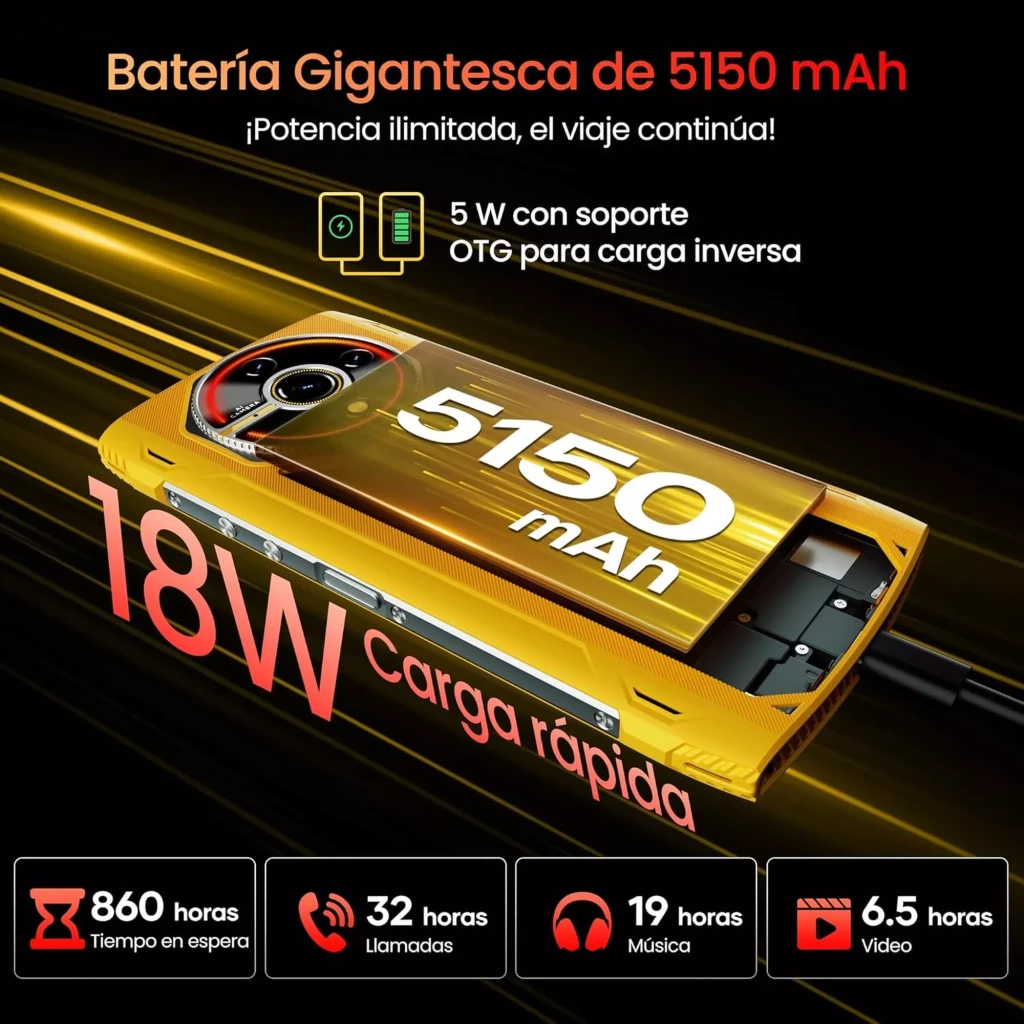 Batería de 5150 mAh con carga rápida 18W, módulo amarillo con texto destacado, indica 5 W OTG. Iconos de autonomía: 860 h espera, 32 h llamadas, 19 h