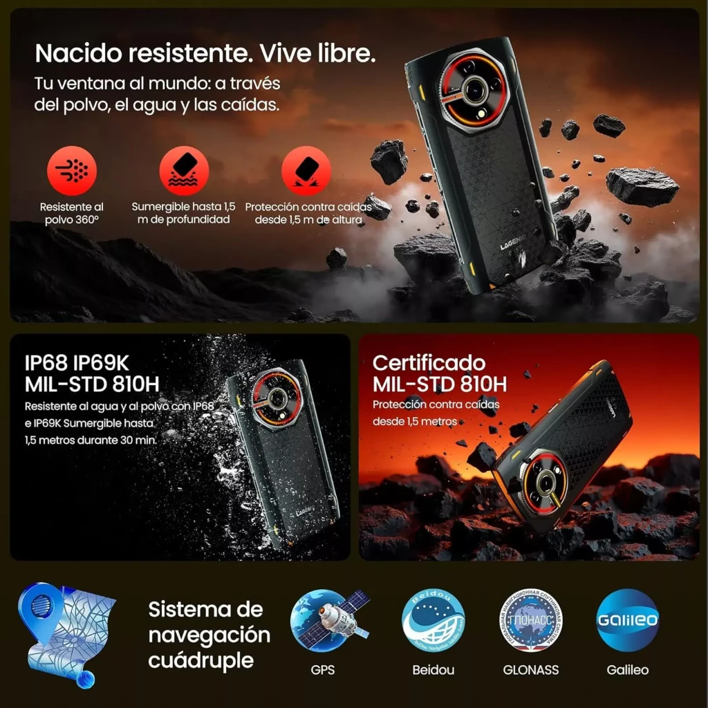 Lagenio Panther 2 blanco resistente con certificación IP68 IP69K MIL-STD 810H, cuerpo reforzado, diseño robusto, cámara trasera circular y detalles en