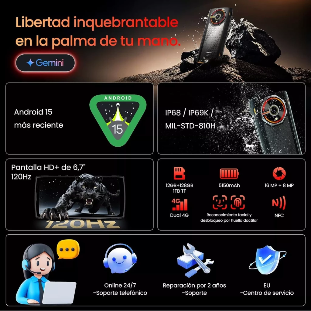 Lagenio Panther 2 blanco con pantalla HD+ de 6.7 pulgadas a 120Hz, módulo de cámara trasera circular con anillo rojo y diseño robusto estilo rugged