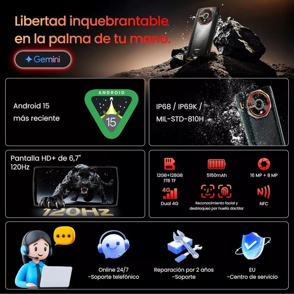 Lagenio Panther 2 blanco con pantalla HD+ de 6.7 pulgadas a 120Hz, módulo de cámara trasera circular con anillo rojo y diseño robusto estilo rugged