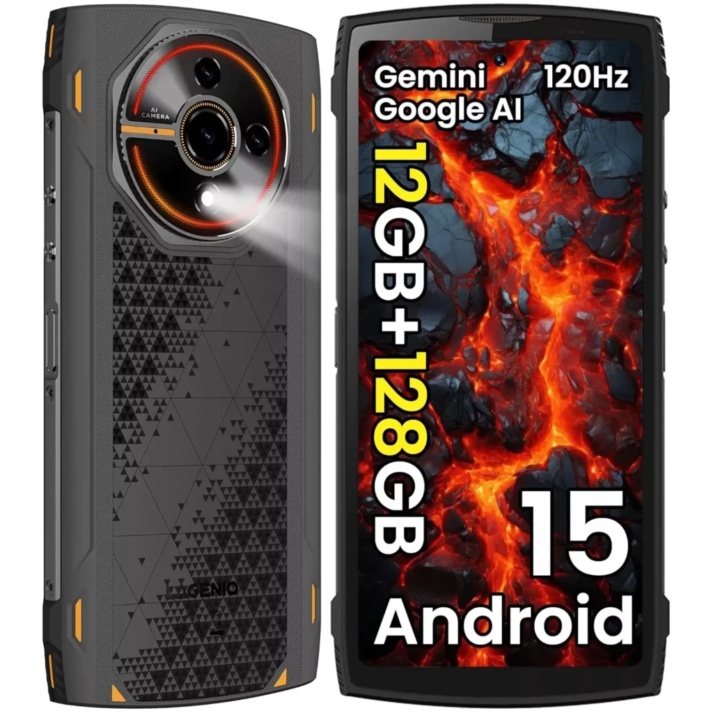 Smartphone robuste noir Lagenio Panther 2, 6,7 pouces, module photo circulaire orange, bords renforcés, ports scellés, design antichoc certifié IP68 IP69K