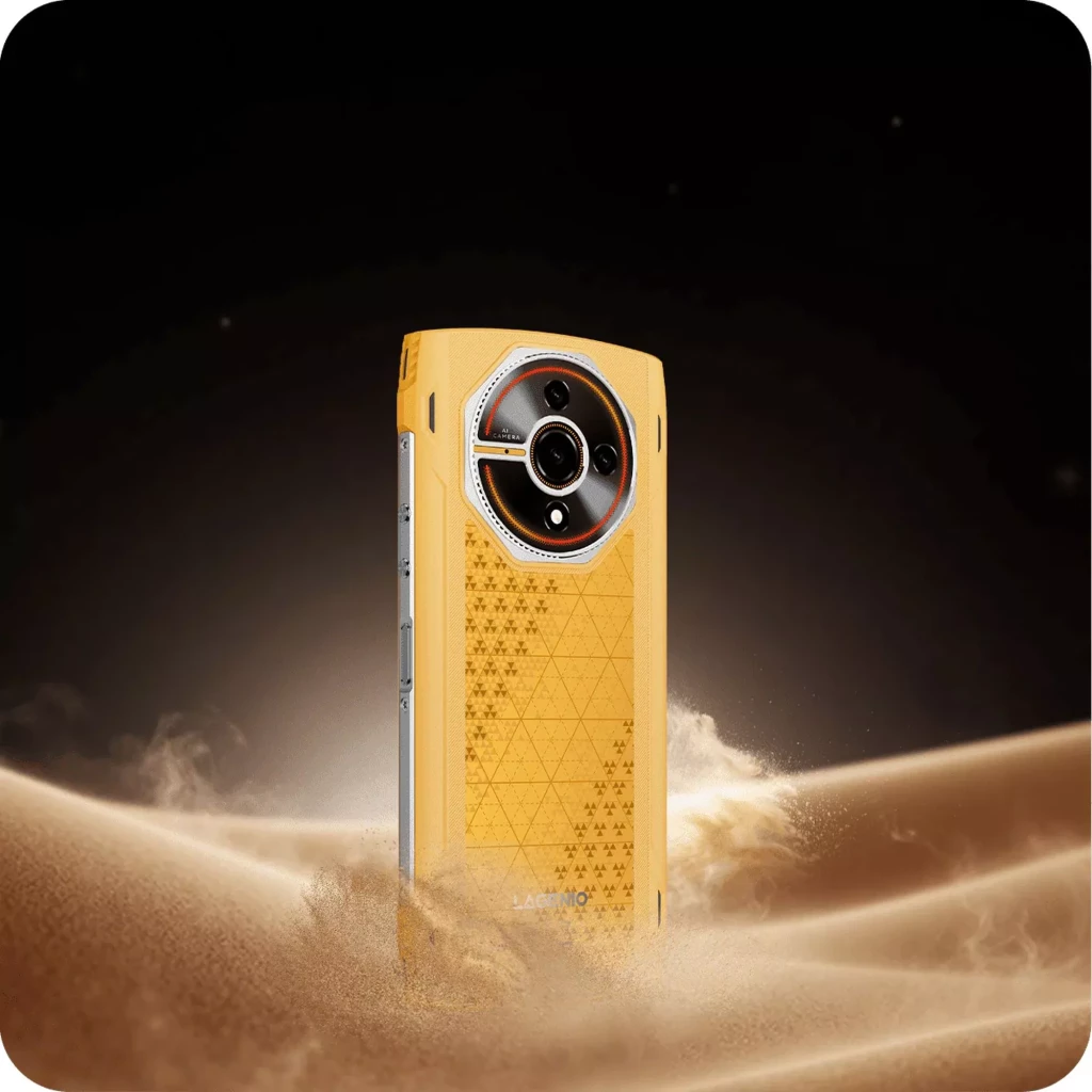 Lagenio Panther 2 jaune avec dos texturé géométrique, module photo circulaire proéminent, châssis robuste gris, boutons latéraux visibles et finition