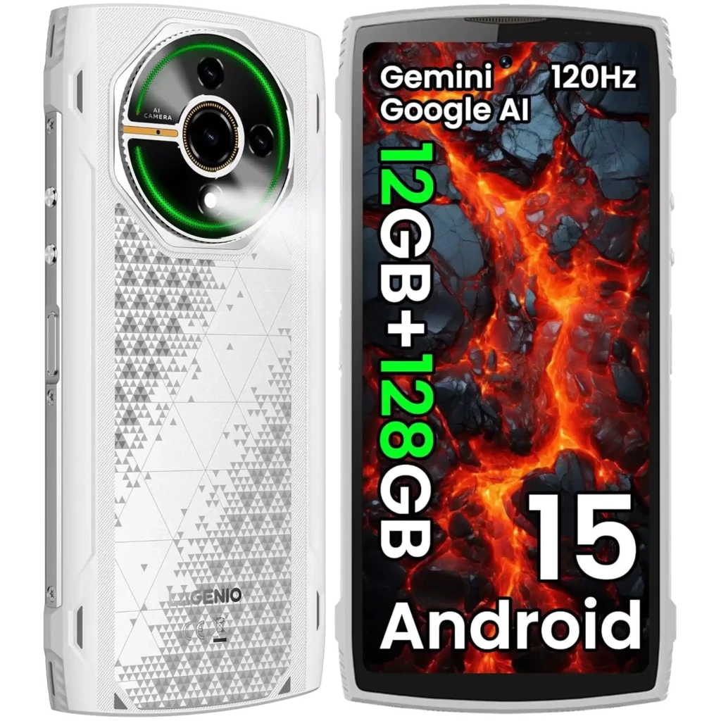 Lagenio Panther 2 blanco con pantalla de 6.7 pulgadas, marco robusto, módulo de cámara circular con aro verde y textura geométrica trasera brillante