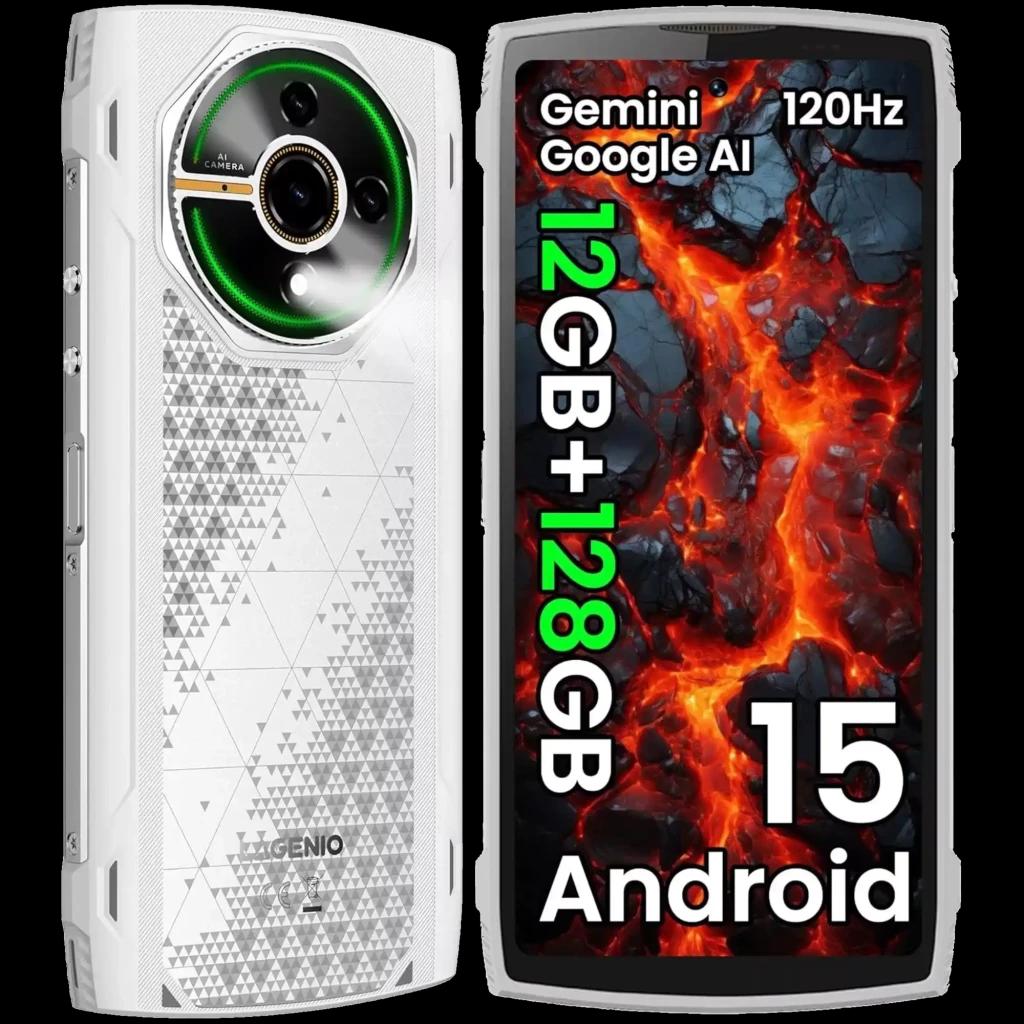 Lagenio Panther 2 blanco con pantalla de 6.7 pulgadas, marco robusto, módulo de cámara circular con aro verde y textura geométrica trasera brillante