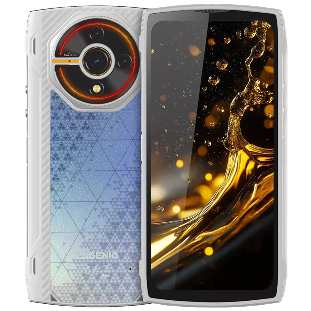 Lagenio Panther 2 Pro blanco, 256GB, pantalla 6.7 pulg, 8GB RAM, cámara dual 50 MP con módulo circular y aro luminoso, diseño trasero geométrico gradiente