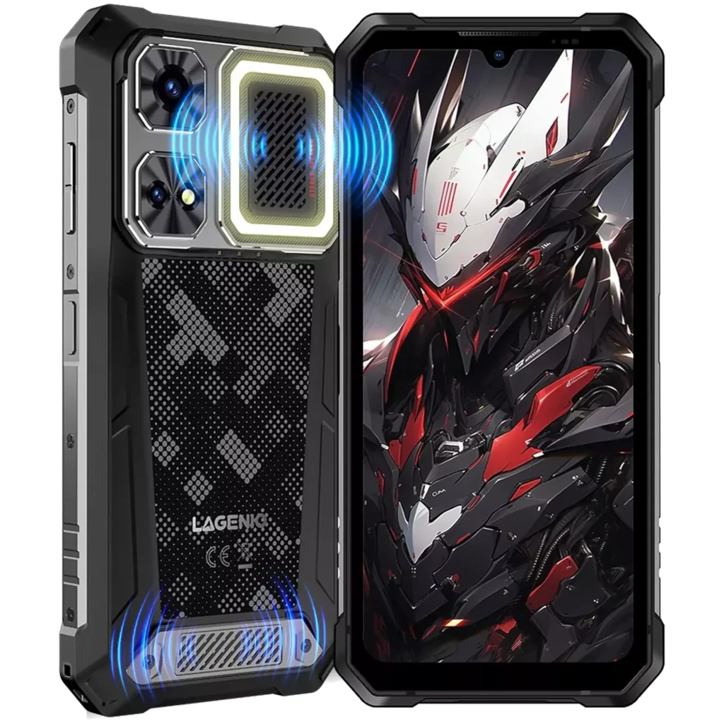 Lagenio Rhino 1 Pro negro resistente, pantalla grande, diseño robusto, altavoces duales frontales, módulo de cámara destacado y textura trasera