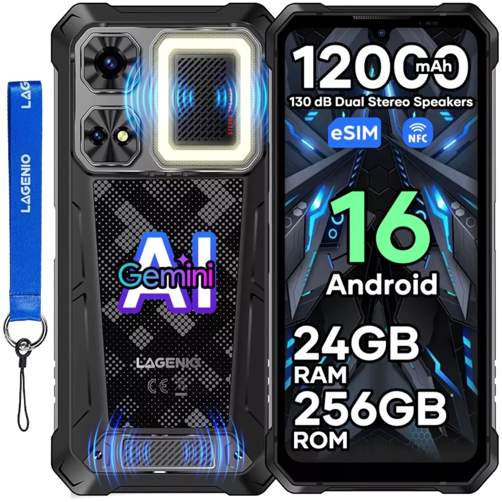 Lagenio Rhino 1 Pro negro con pantalla grande, biseles robustos, módulo de cámaras triple con flash, altavoces estéreo y correa lateral Lagenio