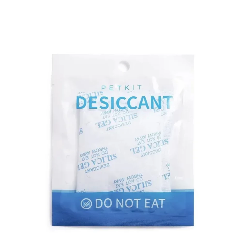 Petkit Feeder Desiccant, sobre de gel de sílice sellado con aviso Do not eat, paquete blanco y azul para mantener el pienso seco en comedero inteligente