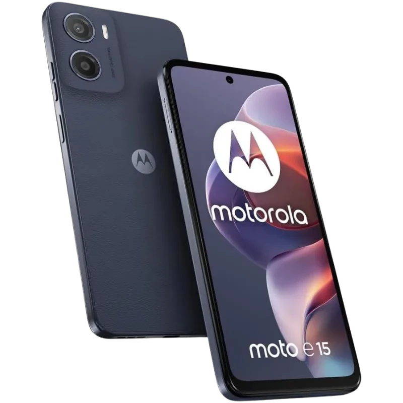 Motorola Moto E15 2GB/64GB Azul Denim com tela ampla, furo central para câmera frontal, traseira texturizada, dupla câmera vertical e logotipo M central