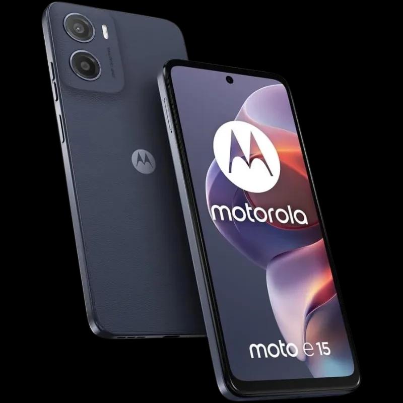 Motorola Moto E15 2GB/64GB Azul Denim com tela ampla, furo central para câmera frontal, traseira texturizada, dupla câmera vertical e logotipo M central