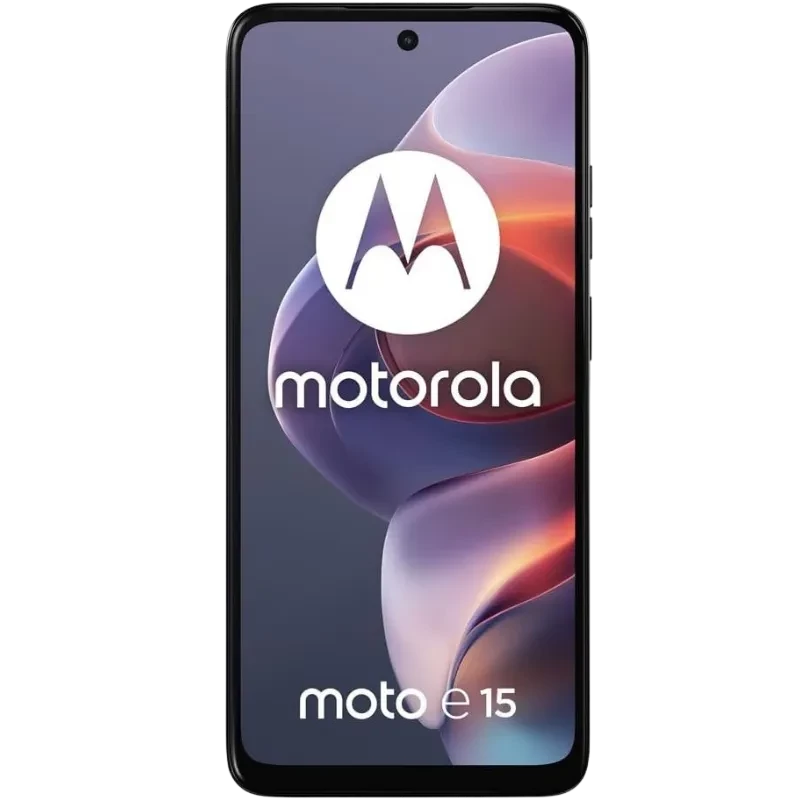 Motorola Moto E15 2GB/64GB Azul Denim com tela ampla de bordas finas, câmera frontal em furo central e acabamento azul fosco elegante