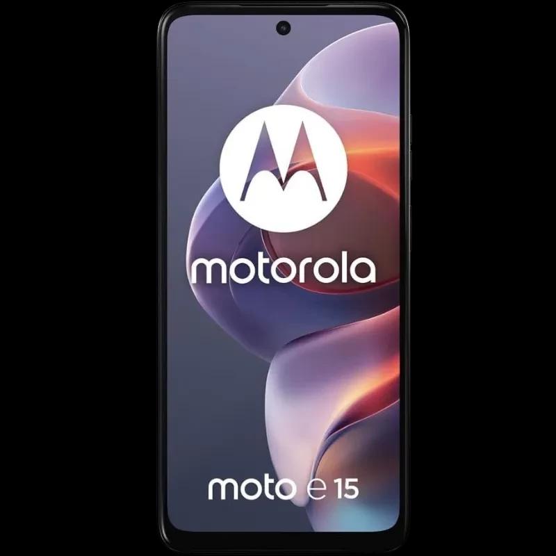 Motorola Moto E15 2GB/64GB Azul Denim com tela ampla de bordas finas, câmera frontal em furo central e acabamento azul fosco elegante