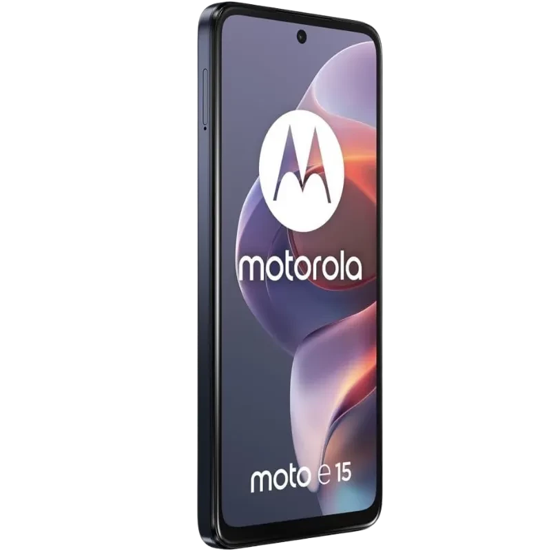 Motorola Moto E15 2GB/64GB Azul Denim com tela quase sem bordas, furo central para câmera frontal e corpo fino em azul escuro brilhante