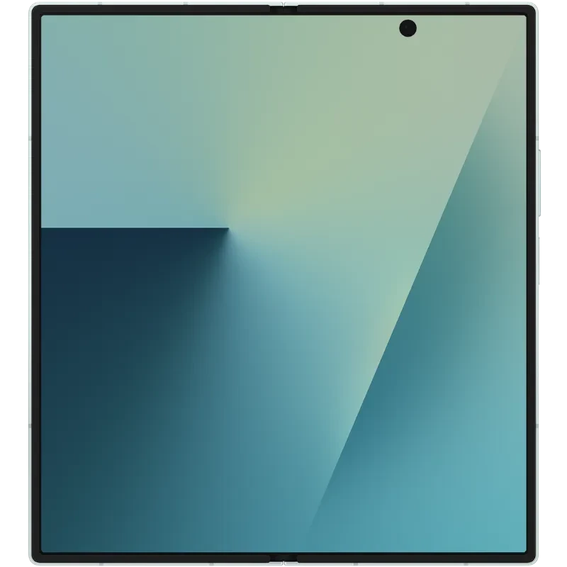 Écran pliable ouvert du Samsung Galaxy Z Fold7 5G en vert menthe, bords fins, caméra frontale discrète centrée, affichage AMOLED aux dégradés bleu vert