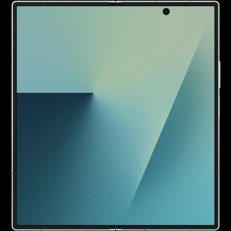 Écran pliable ouvert du Samsung Galaxy Z Fold7 5G en vert menthe, bords fins, caméra frontale discrète centrée, affichage AMOLED aux dégradés bleu vert