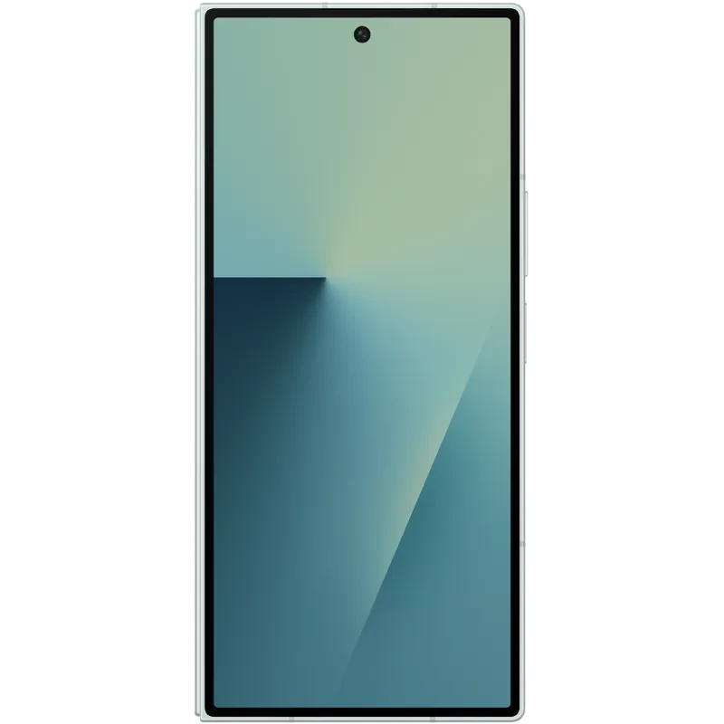 Écran interne pliable du Samsung Galaxy Z Fold7 5G, bordures fines, caméra sous écran centrée, affichage vert menthe dégradé, format carré immersif