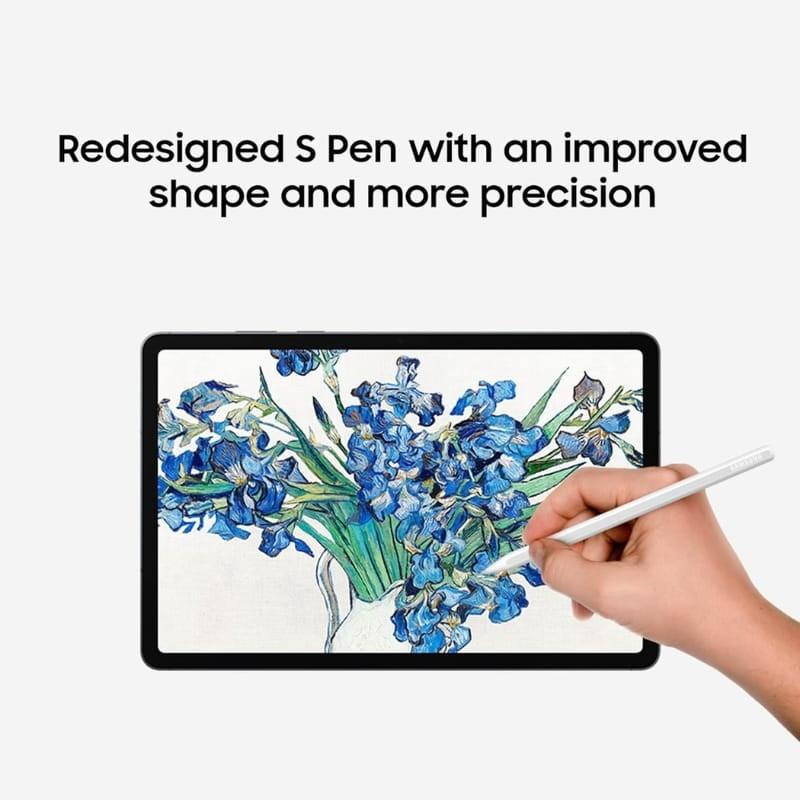 Samsung Galaxy Tab S11 11 polegadas prateado exibindo ilustração floral, S Pen redesenhada em uso com ponta fina e precisão, bordas finas e tela ampla