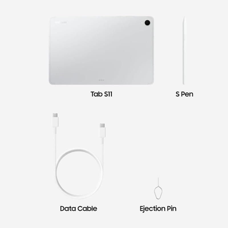 Samsung Galaxy Tab S11 prateado com traseira minimalista, câmera única, S Pen branca, cabo USB-C e ferramenta de ejeção SIM incluídos