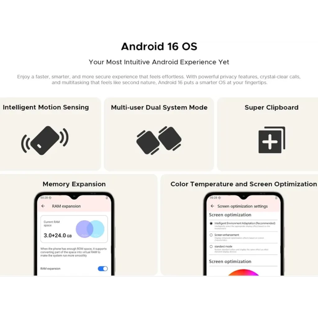 Interfaz de Android 16 OS en smartphone: detección de movimiento, modo de sistema dual multiusuario, Super Clipboard, expansión de memoria y ajuste de color