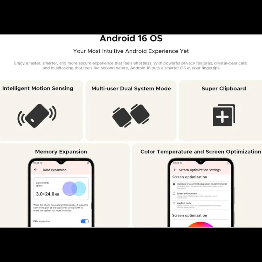 Interfaz de Android 16 OS en smartphone: detección de movimiento, modo de sistema dual multiusuario, Super Clipboard, expansión de memoria y ajuste de color