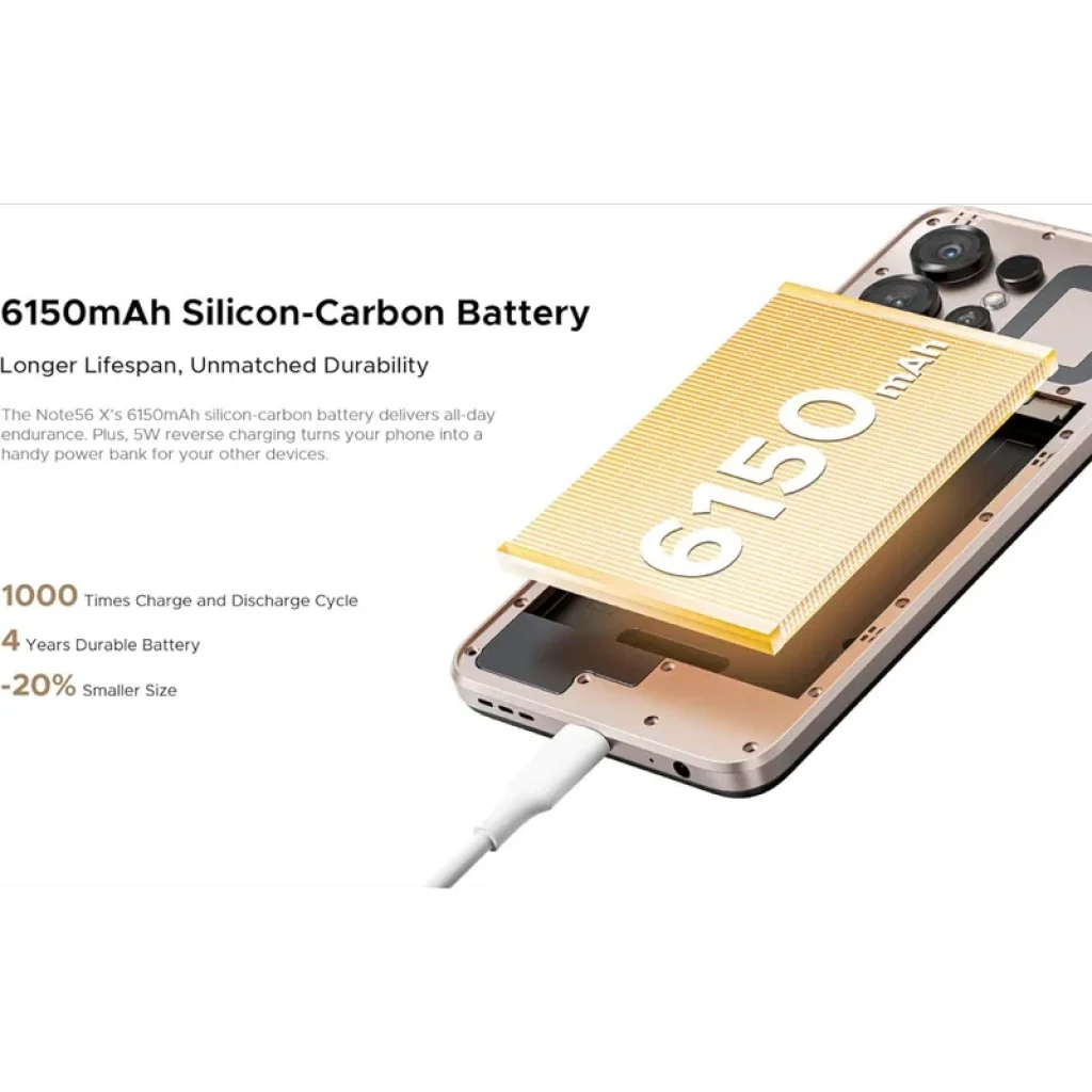 Batería de silicio-carbono 6150 mAh destacada sobre smartphone dorado, promueve larga duración, carga reversible, ciclo de 1000 cargas y tamaño -20%